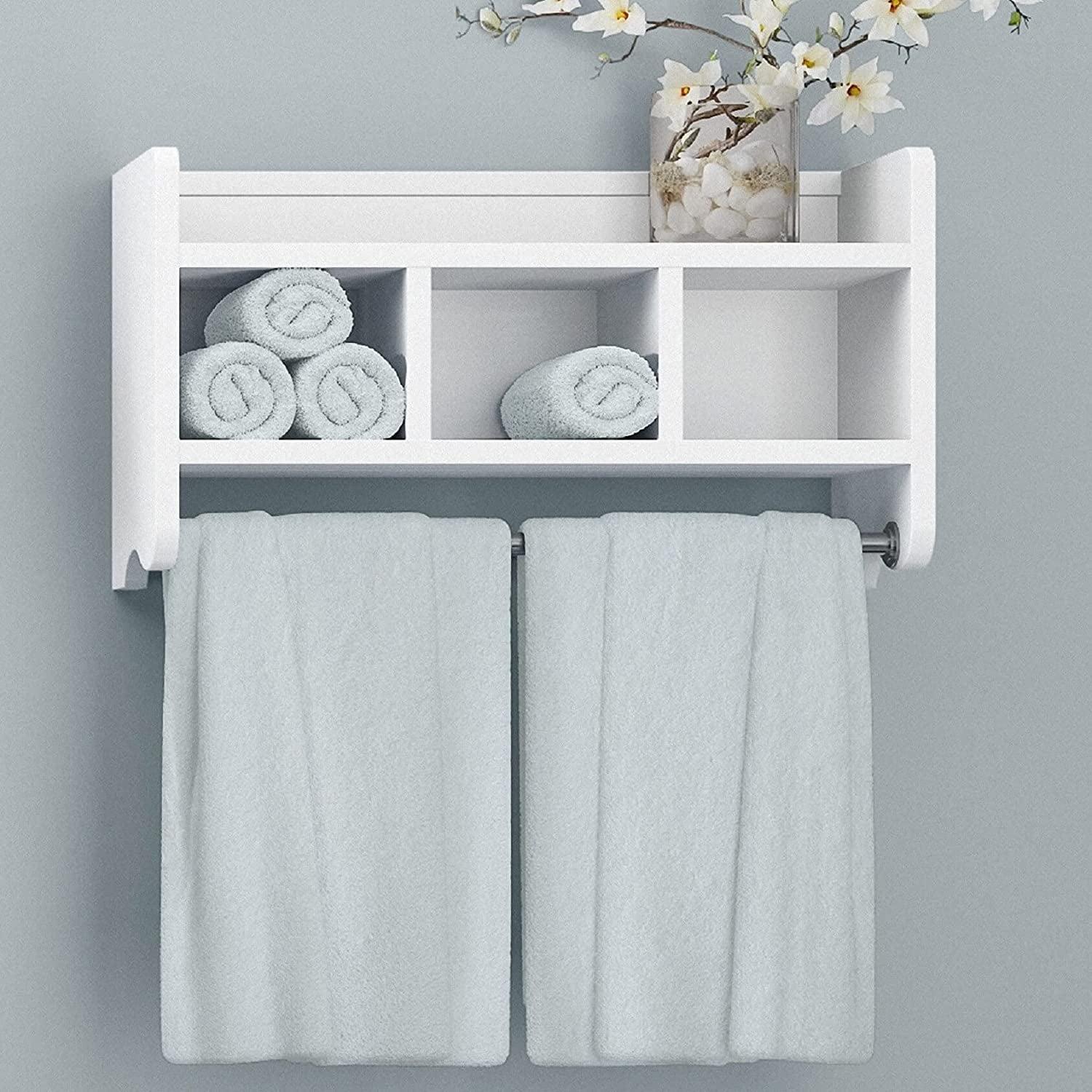 Elegant White Wood Bathroom Storage Shelf with Towel Rods, 31.25 in
