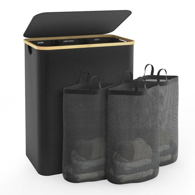 JASODI Laundry Hamper with Lid, 160L Extra Large Laundry Basket 3 Section Dirty Clothes Hamper for Laundry with Removable Laundry Bags