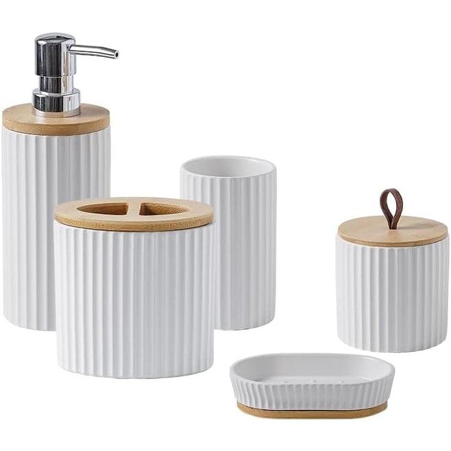 White Ceramic and Bamboo 5-Piece Bathroom Accessory Set