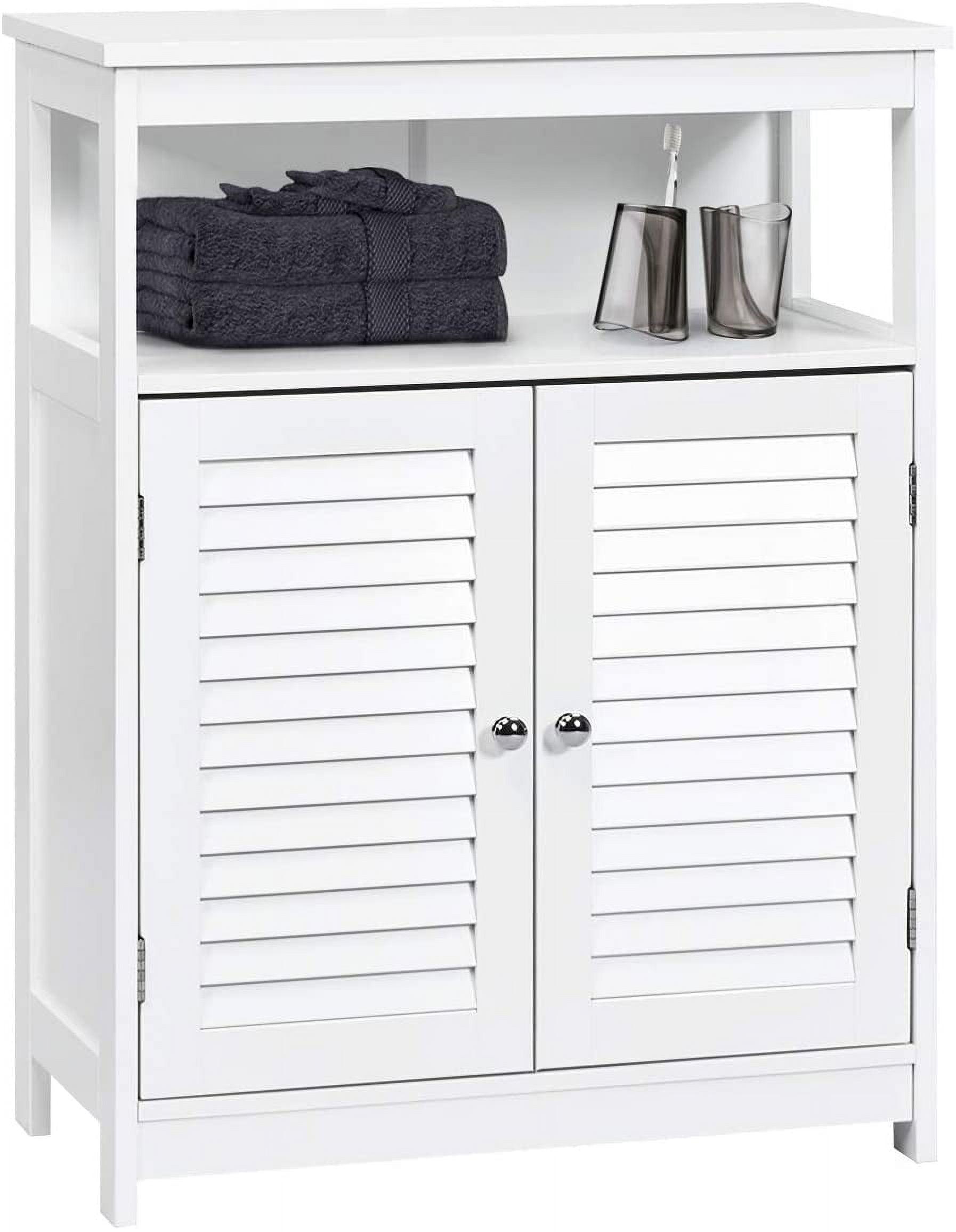 Bathroom Floor Cabinet, Wooden Freestanding Storage Cabinet with Double Shutter Door & Adjustable Shelf, Storage Cabinet for Bathroom Living Room (White)