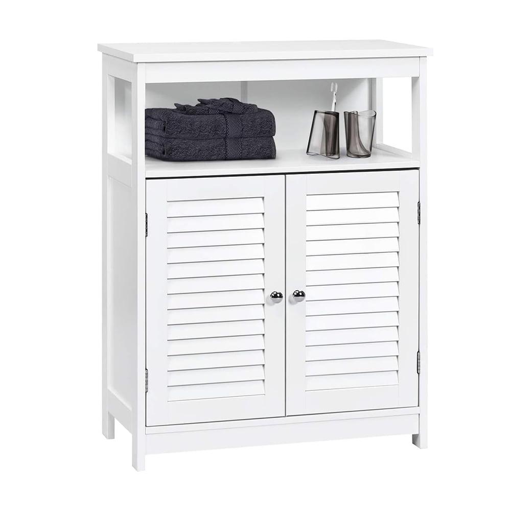 Bathroom Floor Cabinet, Wooden Freestanding Storage Cabinet with Double Shutter Door & Adjustable Shelf, Storage Cabinet for Bathroom Living Room (White)