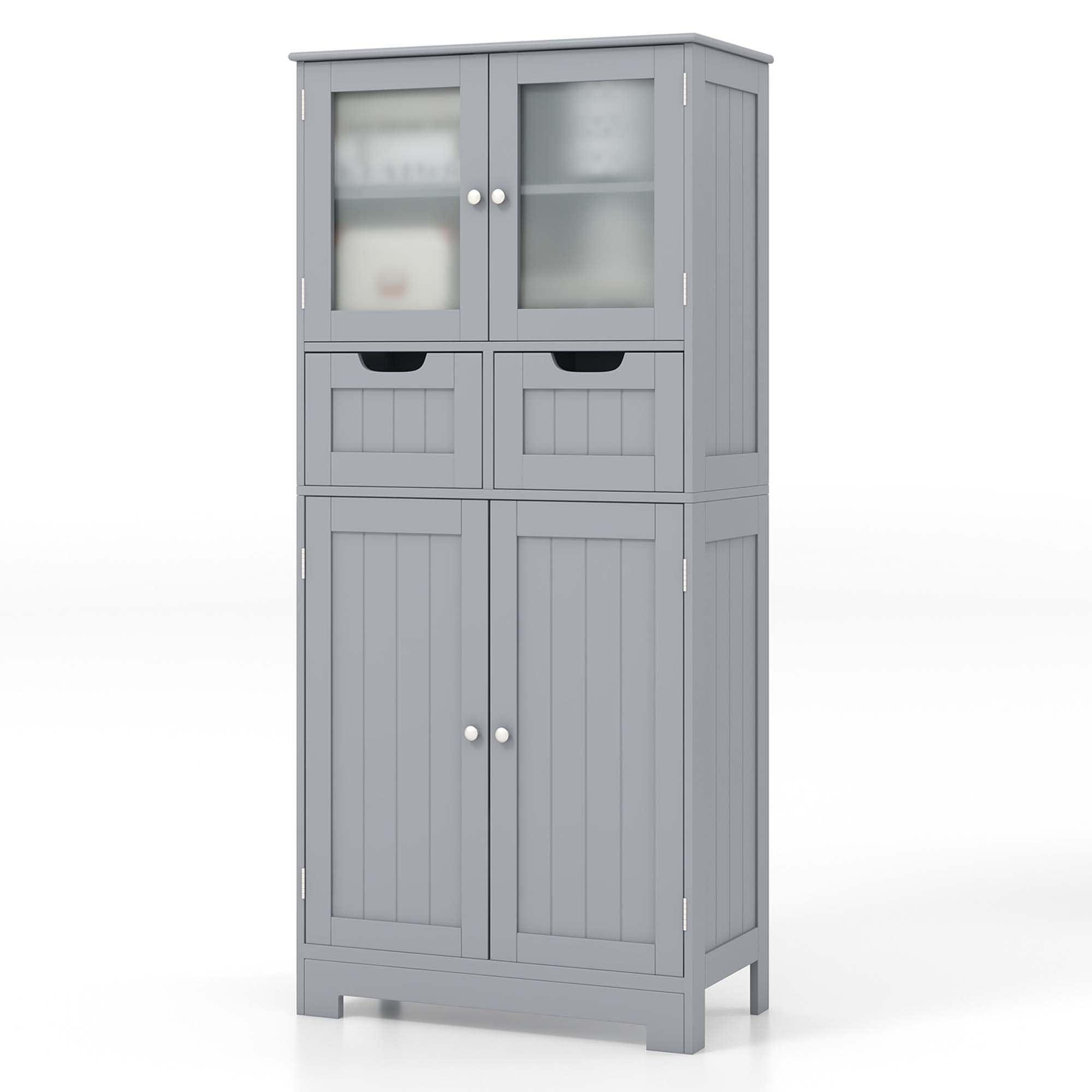 Costway Bathroom Floor Storage Cabinet Kitchen Cupboard with 2 Drawers & Glass Doors Grey