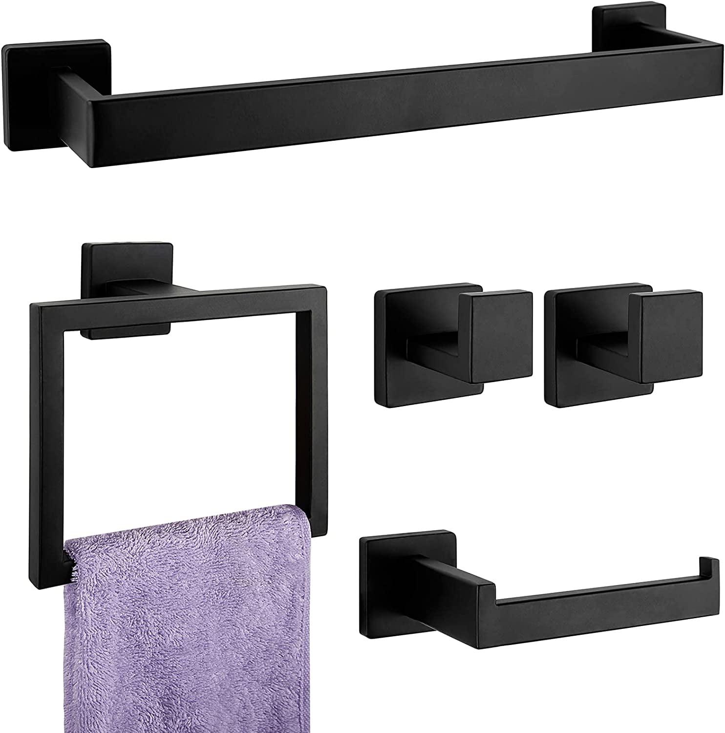 Bathroom Hardware Set,Frsuoak 5-Pieces Matte Black Bathroom Hardware Accessories Set, SUS304 Stainless Steel Bath Towel Bar Set, Towel Racks for Bathroom Wall Mounted