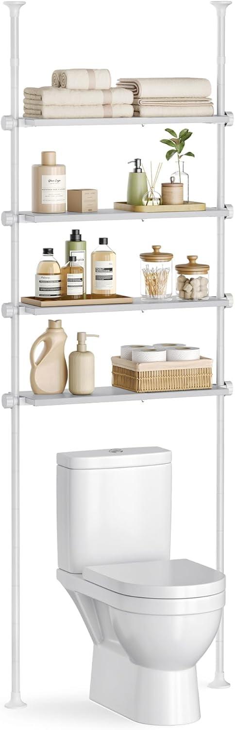 SONGMICS Bathroom Organizer 4-Tier, Over The Toilet Storage Shelf, 4 Height Adjustable and Extendable Shelves, 35.4 to 122.1 Inch Tall,Pearl White