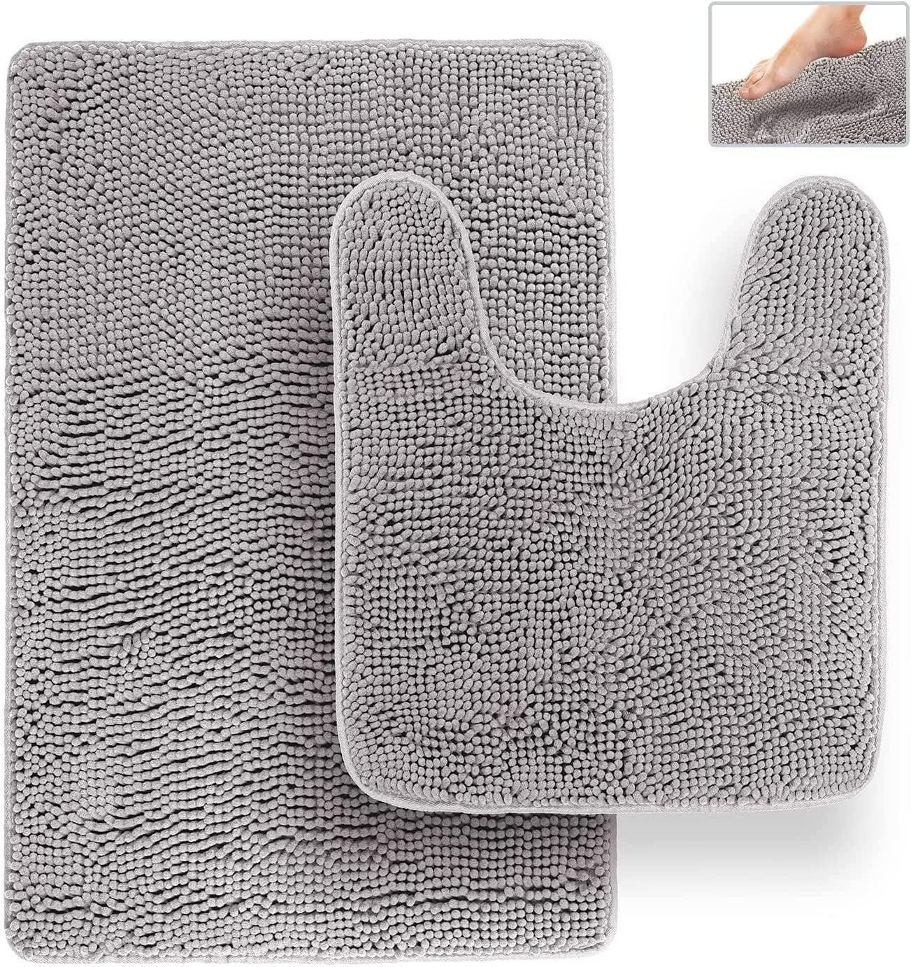 Latitude Run® Bathroom Rugs, Extra-Thick Memory Foam Bath Mat, Ultra-Soft Chenille Microfiber, Highly Absorbent, Machine Washable, Shaggy Bath Mats For Bathroom, Circular Cutout (21X32 + 20X22, 2Pcs) Grey