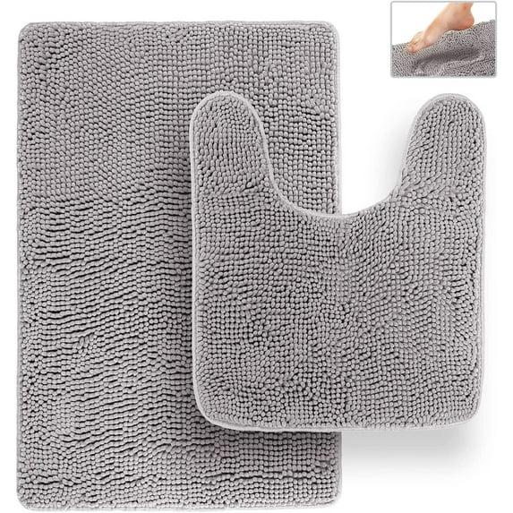 Latitude Run® Bathroom Rugs, Extra-Thick Memory Foam Bath Mat, Ultra-Soft Chenille Microfiber, Highly Absorbent, Machine Washable, Shaggy Bath Mats For Bathroom, Circular Cutout (21X32 + 20X22, 2Pcs) Grey