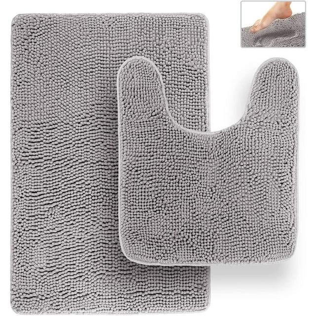 Latitude Run® Bathroom Rugs, Extra-Thick Memory Foam Bath Mat, Ultra-Soft Chenille Microfiber, Highly Absorbent, Machine Washable, Shaggy Bath Mats For Bathroom, Circular Cutout (21X32 + 20X22, 2Pcs) Grey