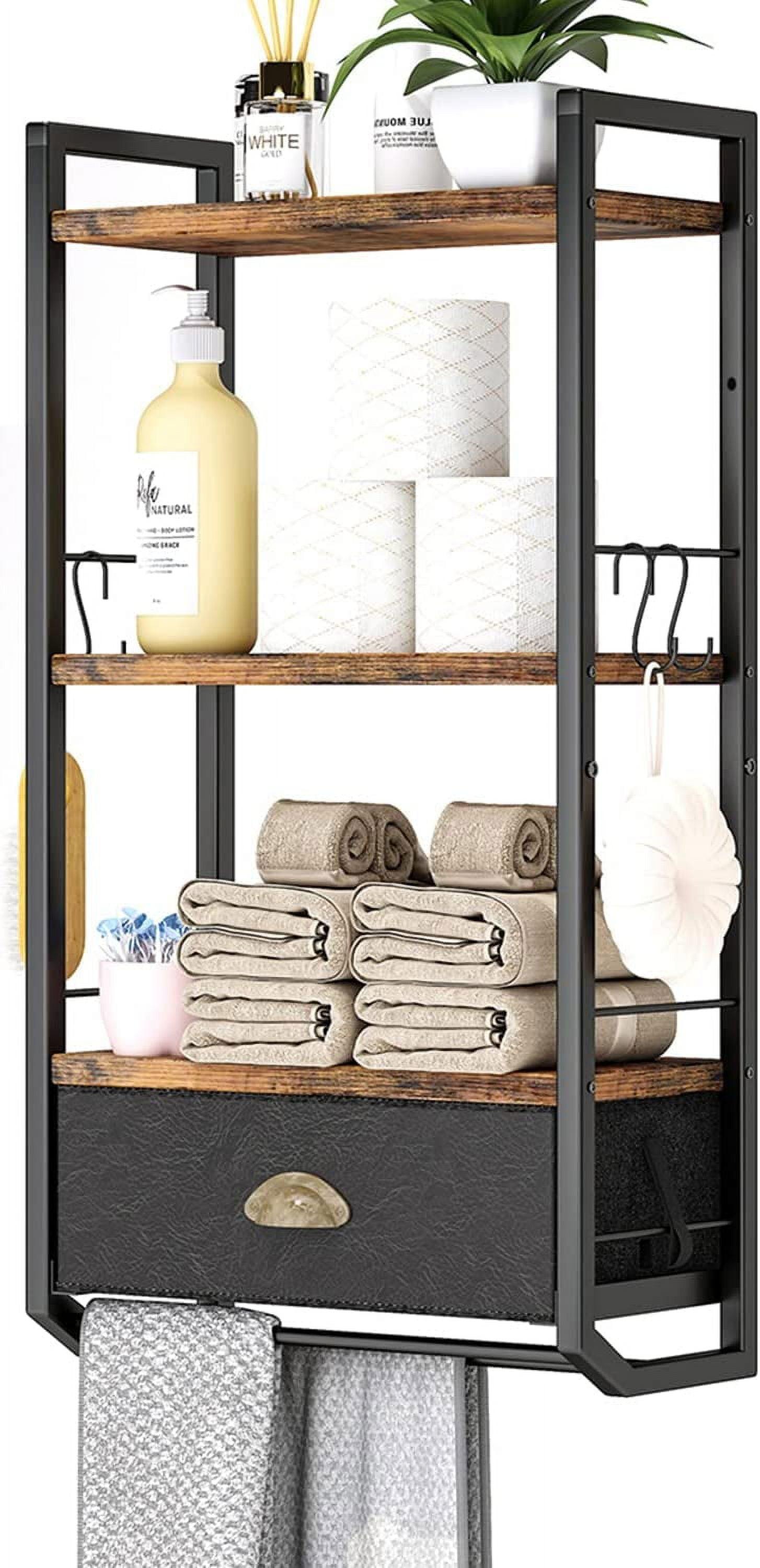 Bathroom Storage Organizer Wall Mounted, 3 Tier Bathroom Towel Rack Shelf with Storage Drawer Double Towel Bars and Hooks, Industrial Bathroom Shelves Over Toilet, Rustic Black and Brown (A)