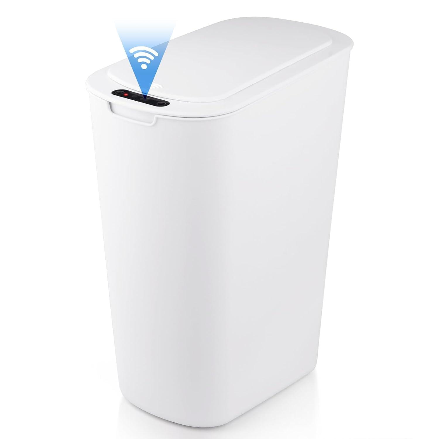 Bathroom Trash Can Automatic Touchless - Motion Sensor Garbage Can with Sealing Lid, 5.28 Gallon Smart Waterproof Plastic Slim Dustbin for Restroom, White