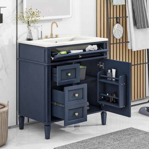 Bathroom Vanity with Sink, Solid Wood MDF, Modern Storage Cabinet with Tip-out Drawer, Amber Storage System, Soft Close Drawers, Blue