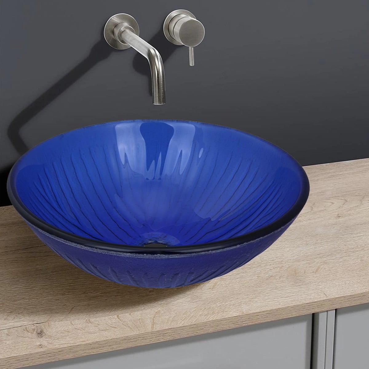 Royal Blue Tempered Glass Round Vessel Sink with Chrome Drain