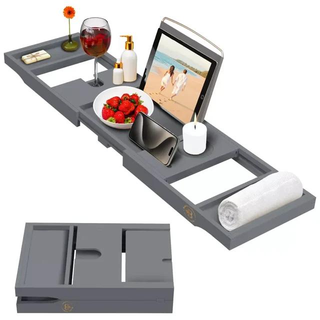 Bathtub Tray for Tub - Bamboo Expandable Bath Tray with Wine, Book & Tablet Holder - Luxurious Tub Tray, Bath Caddy, Foldable, Christmas Gift (Grey)