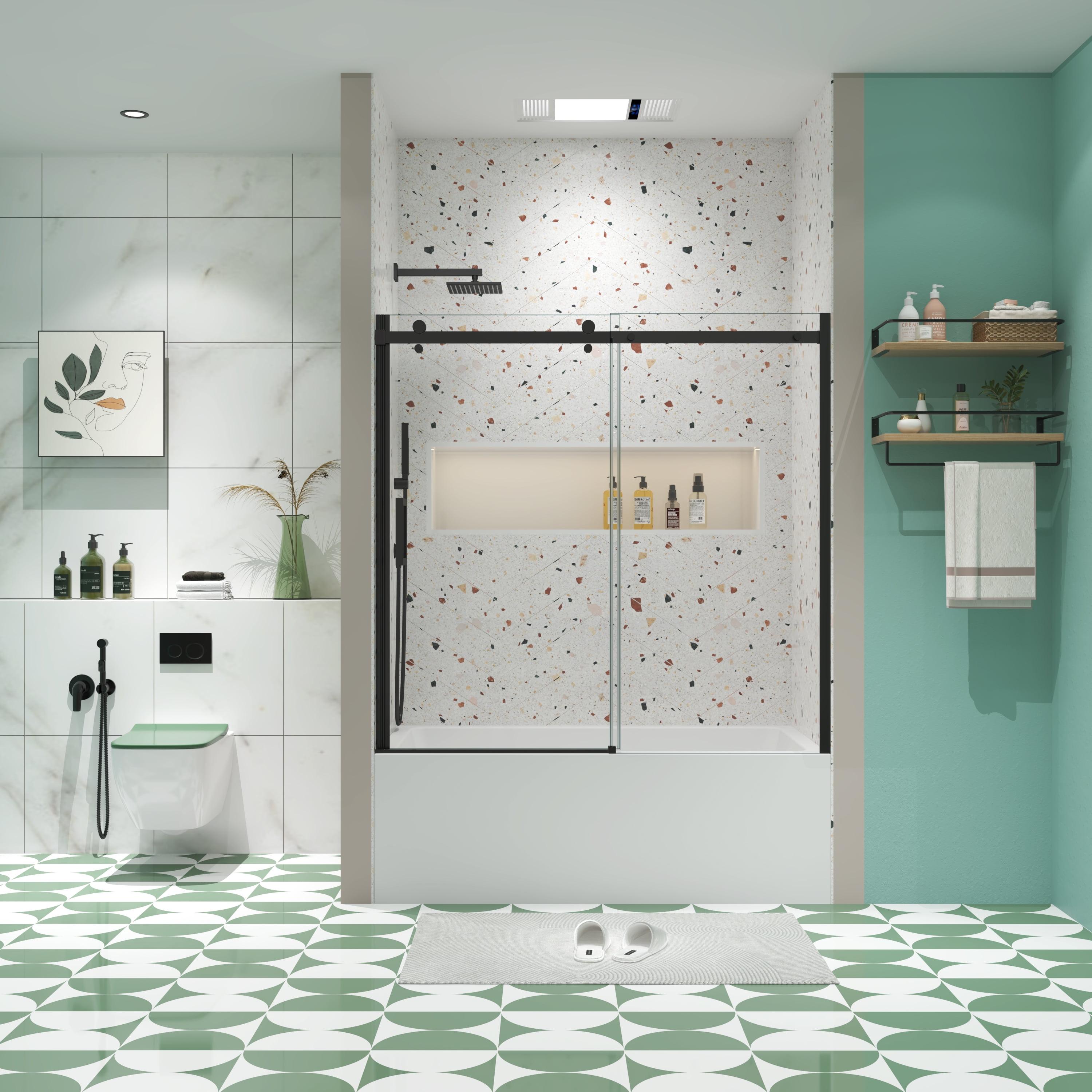 Semi-Frameless Sliding Shower Door 56-60" W x 58" H, Tempered Glass with Matte Black Finish