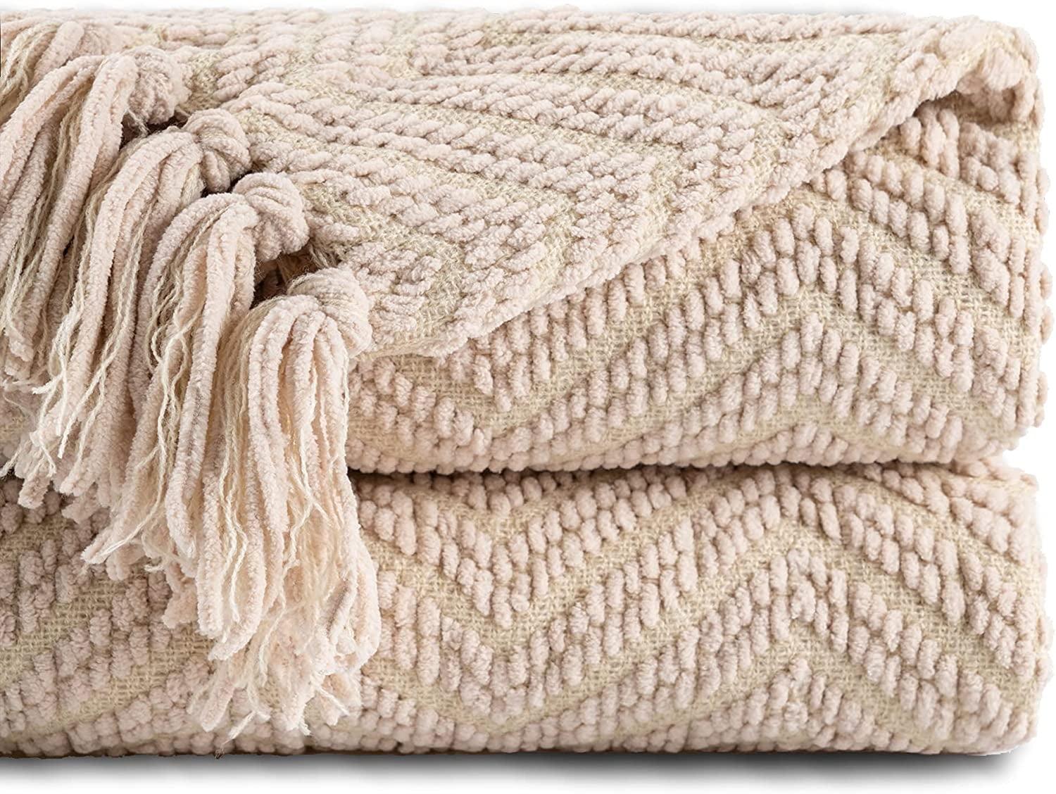 Batilo Beige Throw Blankets,Herringbone Knitted Throw,Neutral Blankets,Housewarming Gifts, 60" x 80"