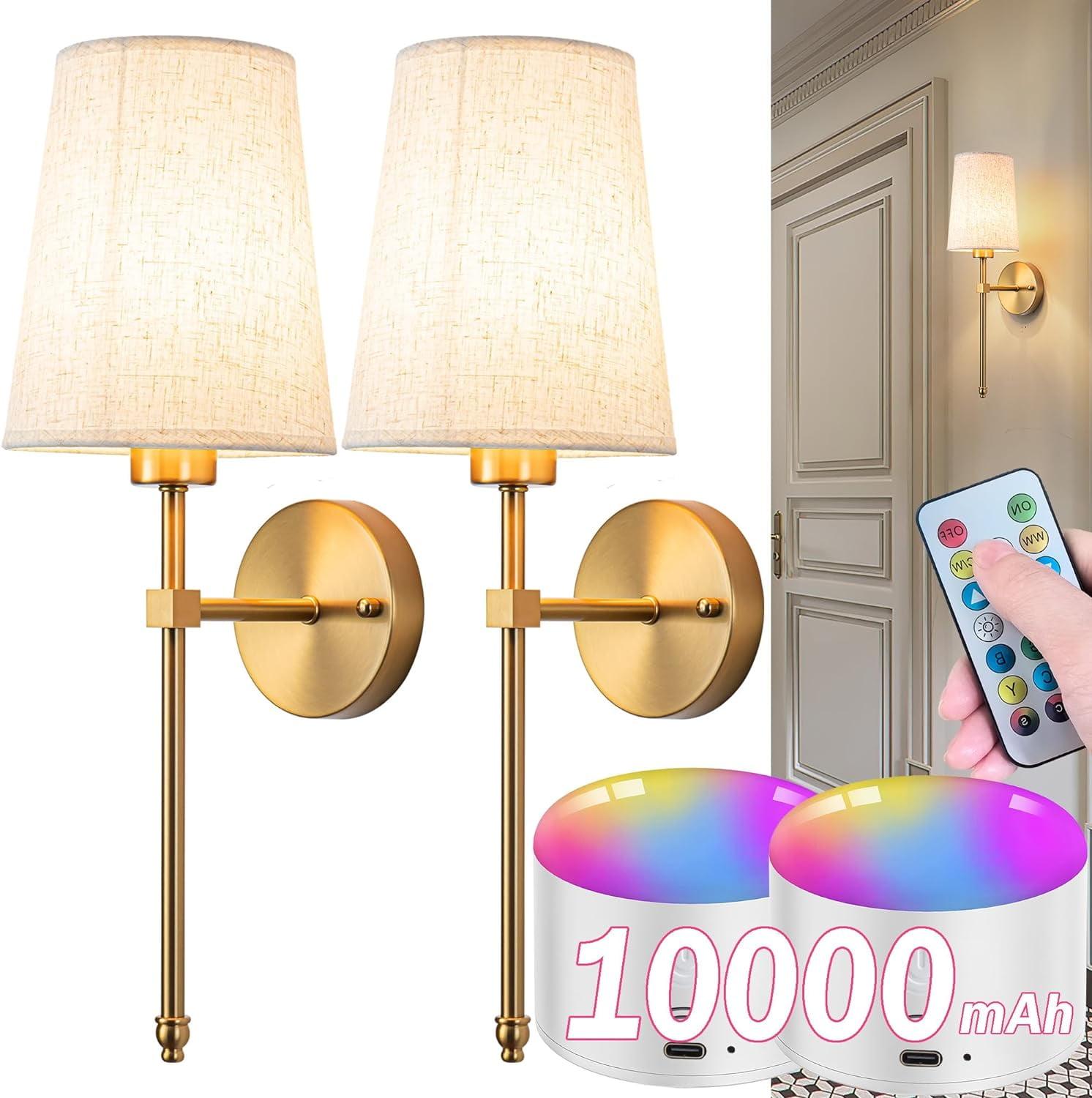 Battery Operated Wall Sconce Set Of Two with Remote Control, Indoor Not Hardwired Dimmable Battery Operated Wall Sconce Light Fixture with Fabric Linen Shade For Bedroom Living Room, Bulb Included ( C