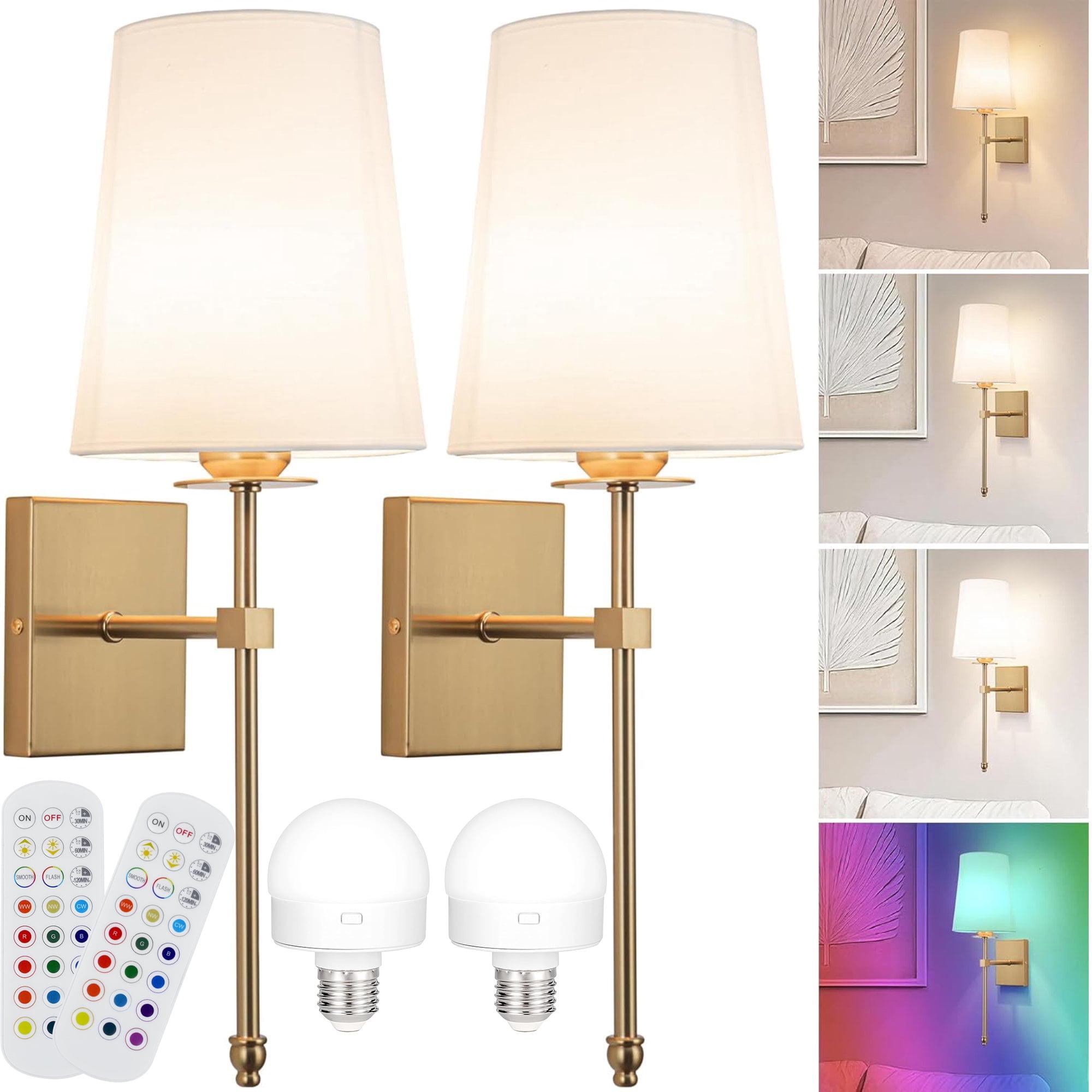 Battery Operated Wall Sconces Set of Two, with Remote Control, Dimmable Set of 2 White Fabric Shade, Indoor Wireless Rechargeable Wall Light for Living Room, Bedroom, Entryway (Bulb Included)