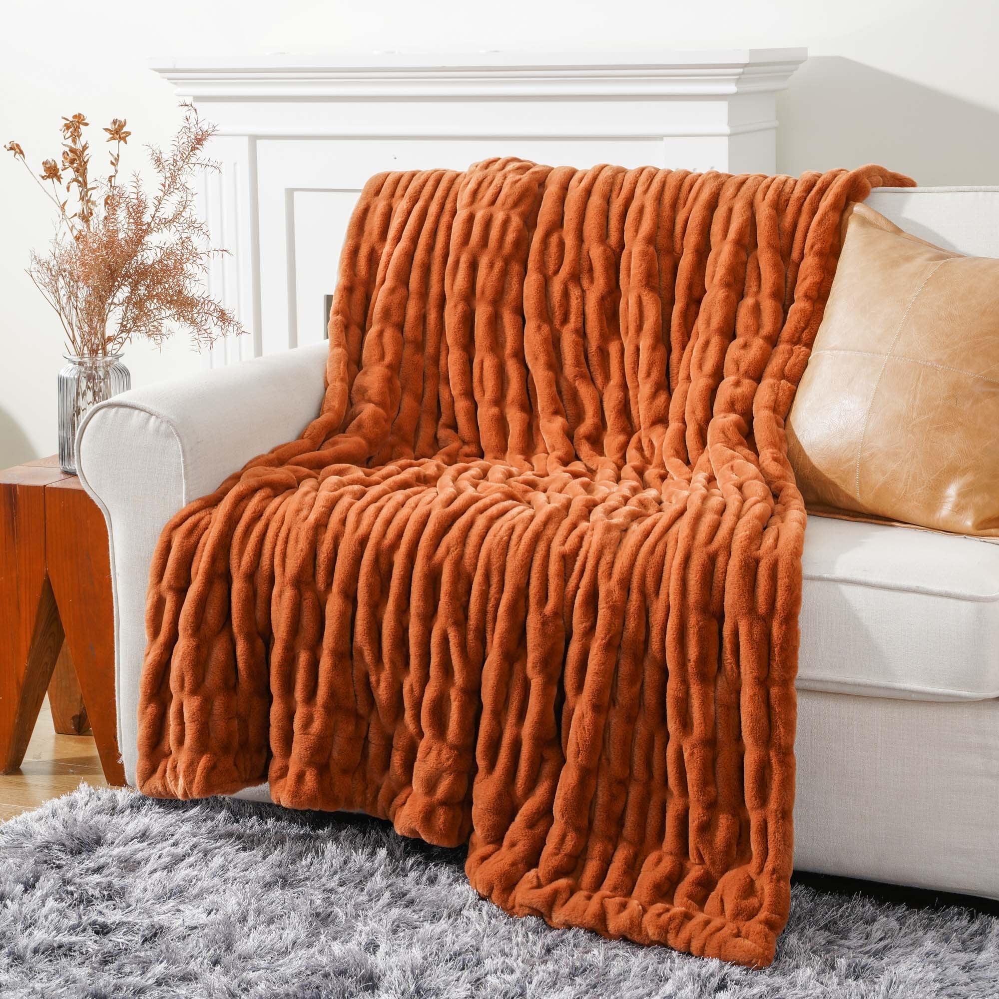 Burnt Orange Faux Fur Reversible Throw Blanket 50" x 60"