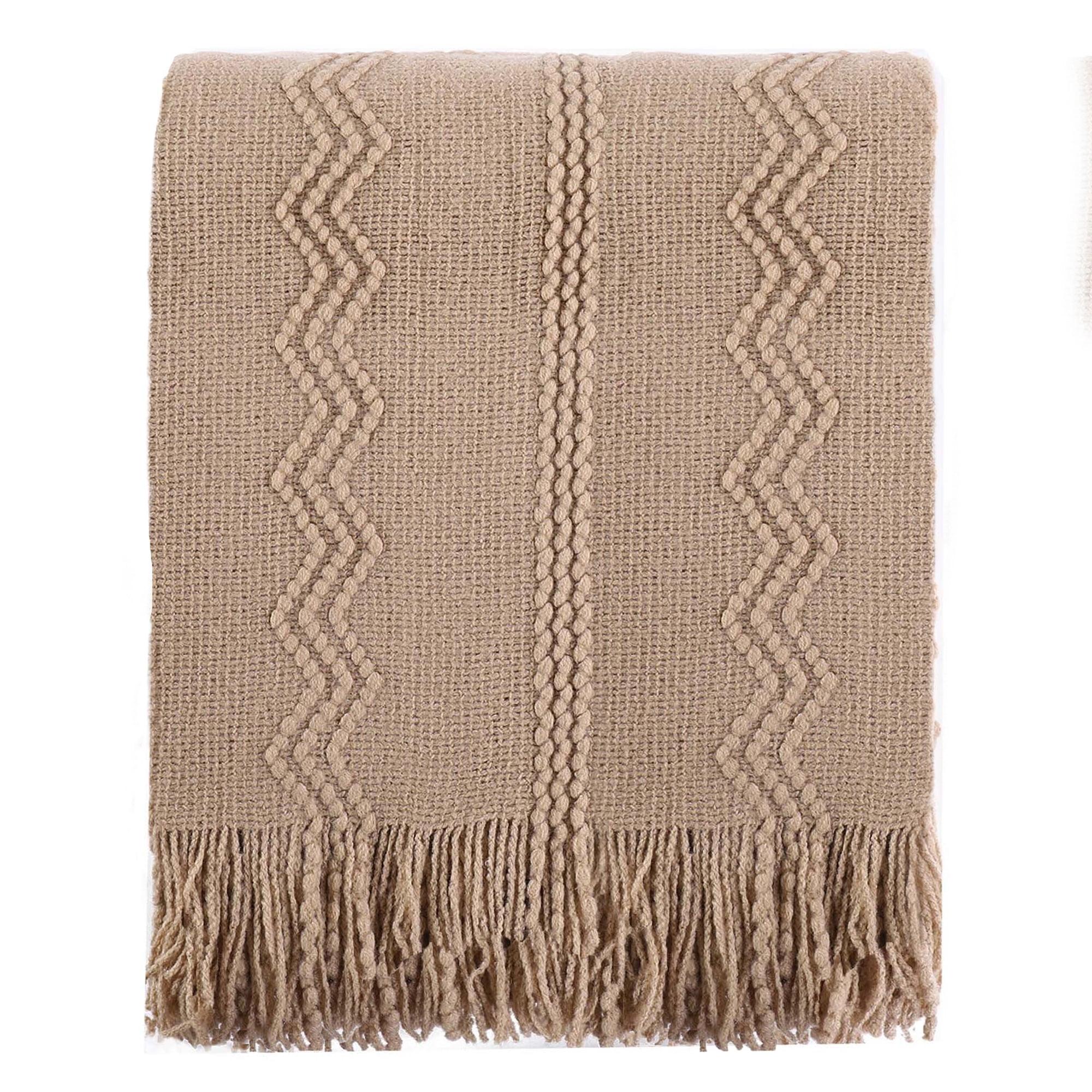 Modern Geometric Knit Throw Blanket with Tassel Trim, Tan 50"x60"