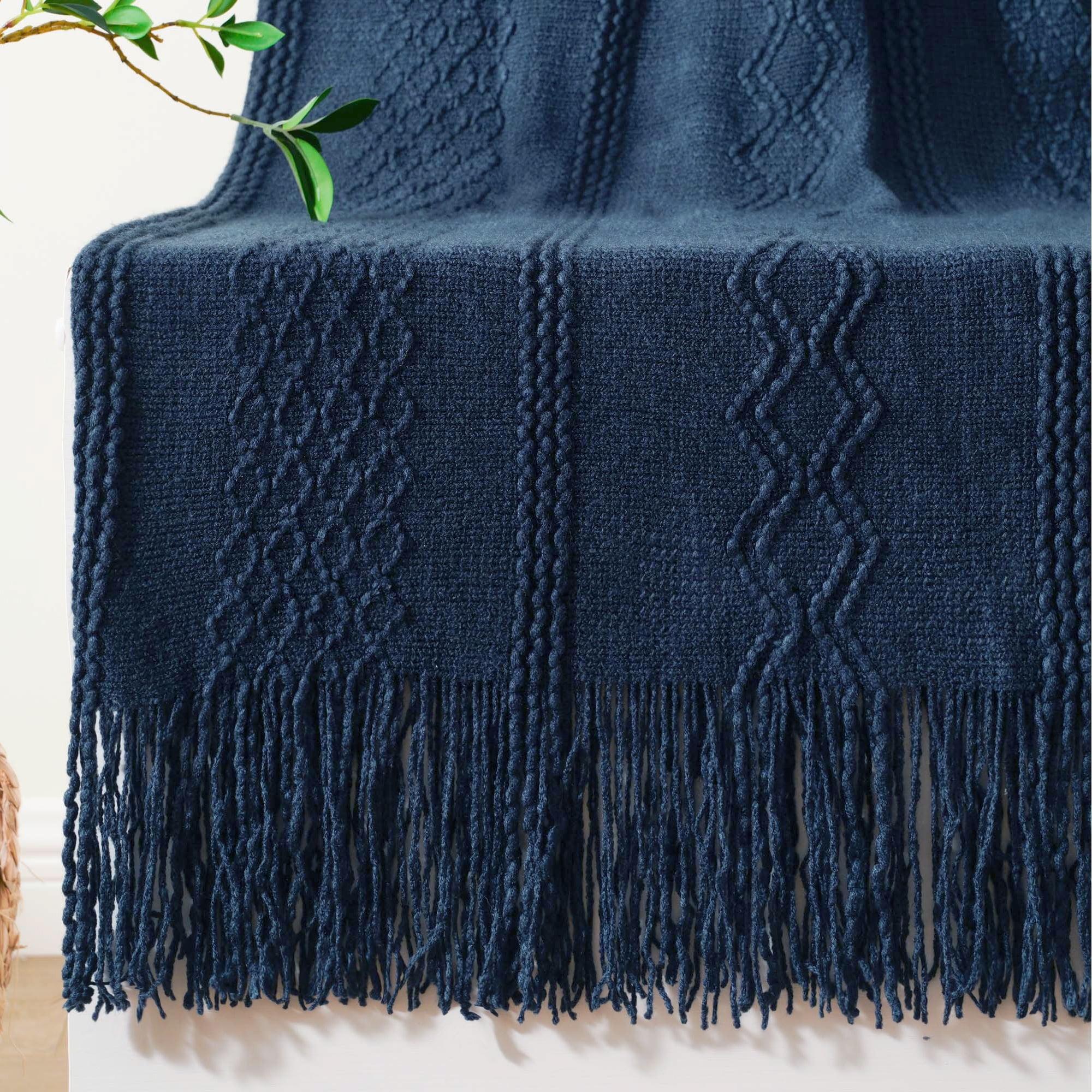 Battilo Navy Blue Throw Blanket for Couch Bed Chair, knit Throw Blanket With Fringe Decorative Sofa Blanket, Soft Lightweight Throws in Home, 50x60 inches