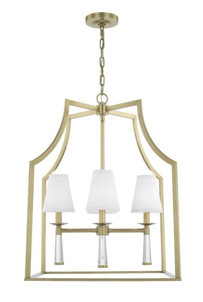 Mini Baxter Aged Brass 4-Light Chandelier with White Silk Shade