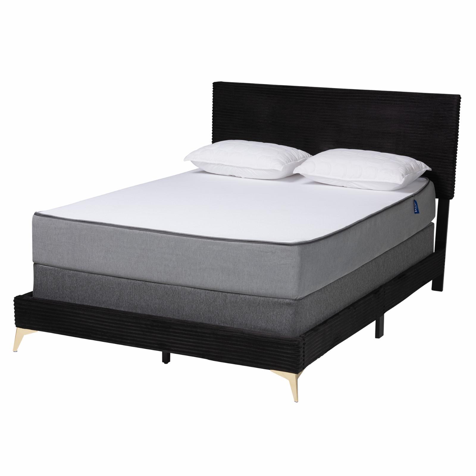 Glamorous Abberton Black Velvet Queen Size Panel Bed with Gold Metal Legs