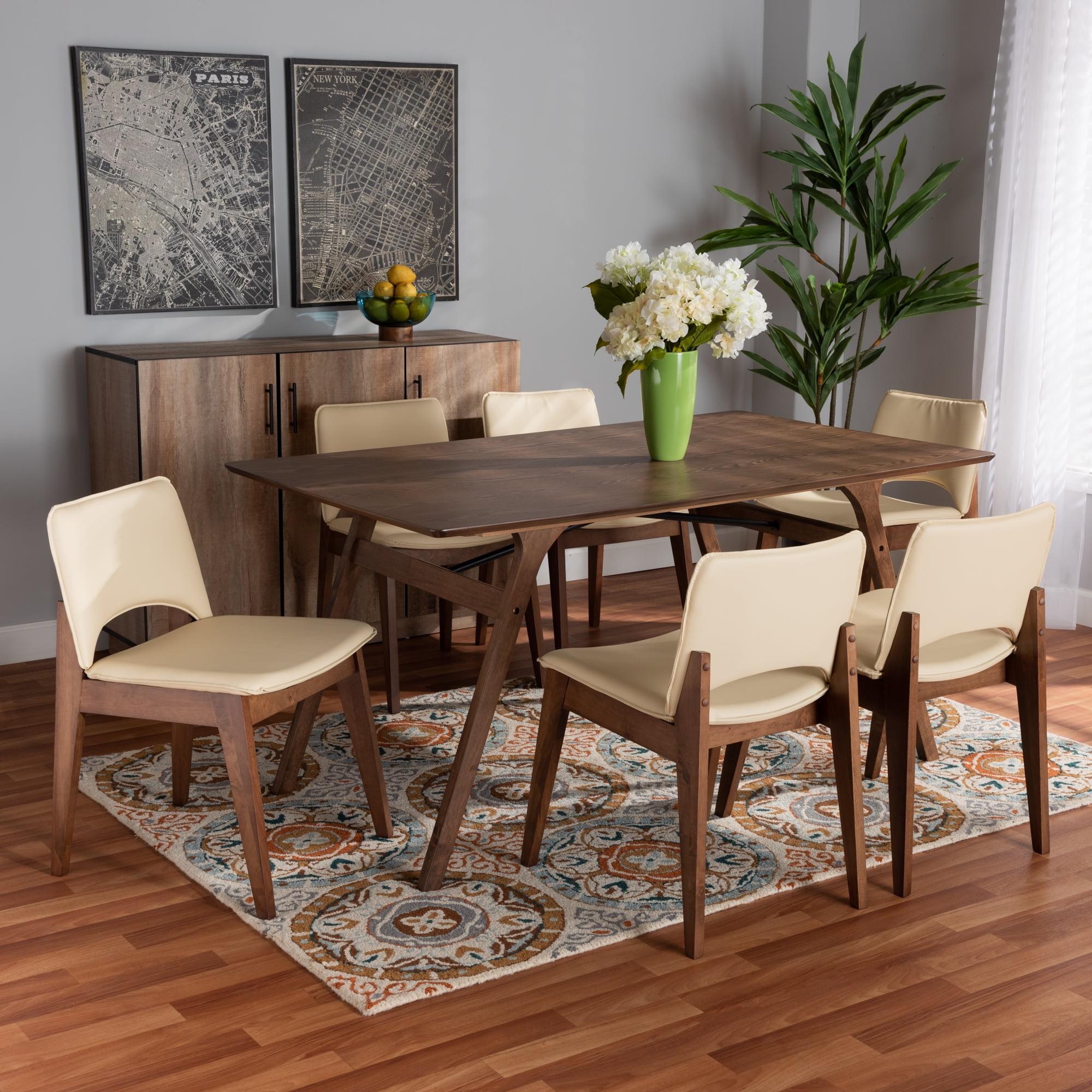 Afton Walnut Brown and Beige Rubberwood 7-Piece Dining Set