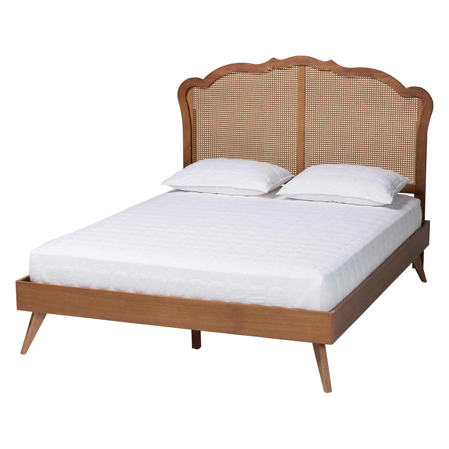 Baxton Studio King Aithan Wood and Rattan Platform Bed Walnut Brown