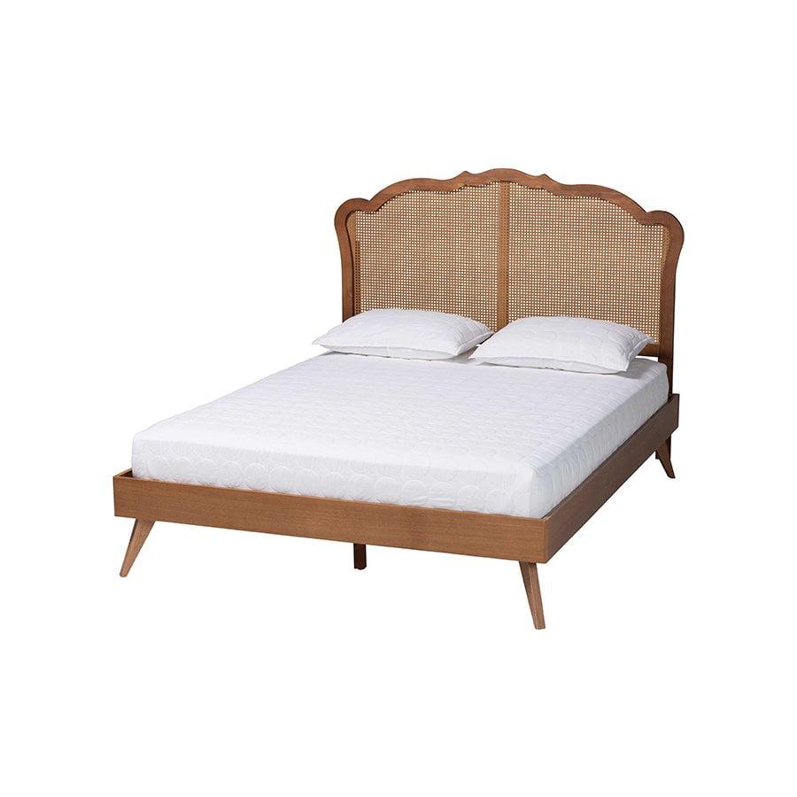 Baxton Studio Queen Aithan Wood and Rattan Platform Bed Walnut Brown