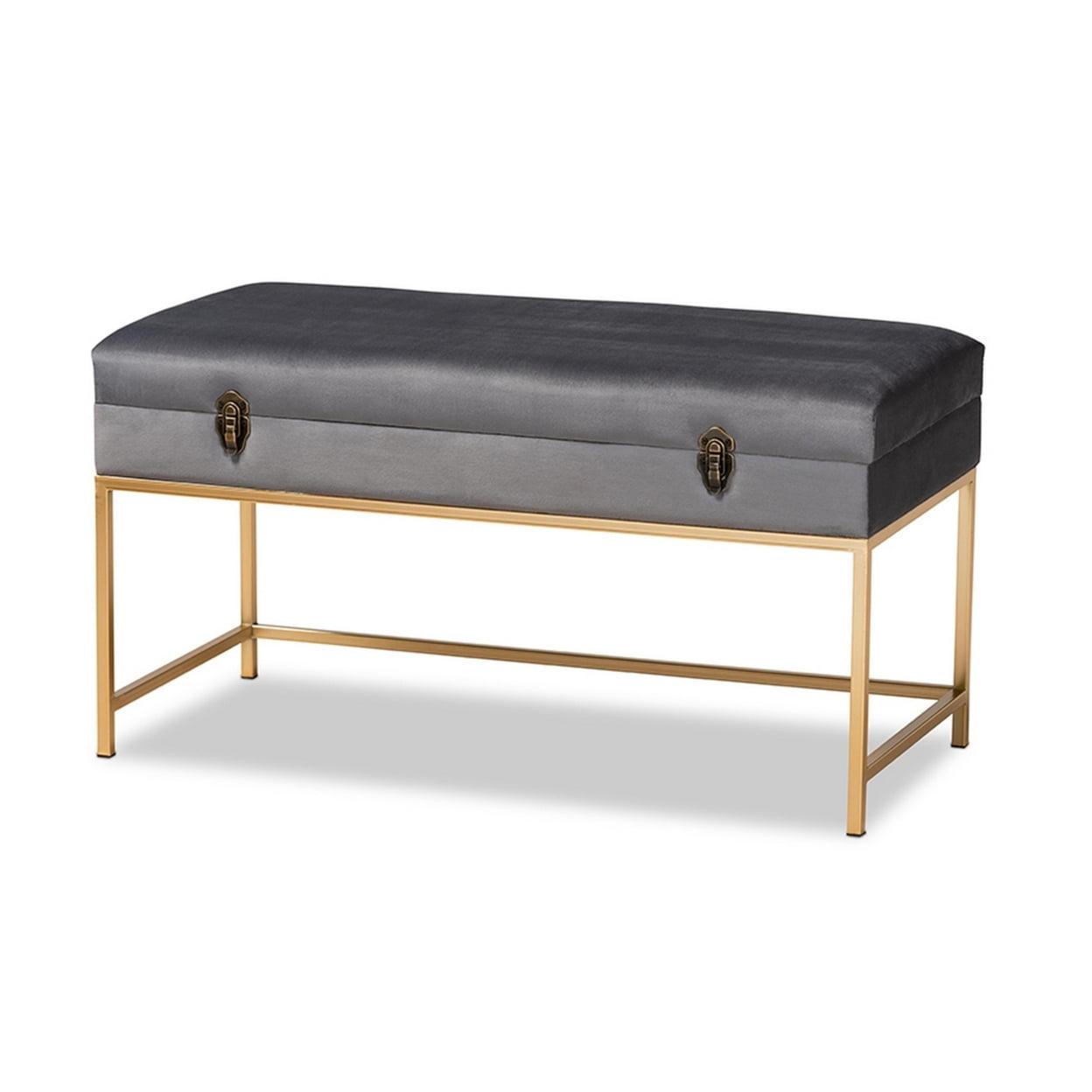 Aliana Large Tufted Gray Velvet Storage Ottoman with Gold Metal Legs