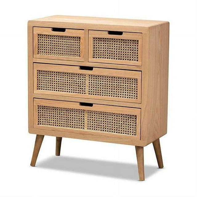 Alina Wood and Rattan 4 Drawer Accent Chest Oak - Baxton Studio: Small Profile, Bohemian Vibe, Ample Storage