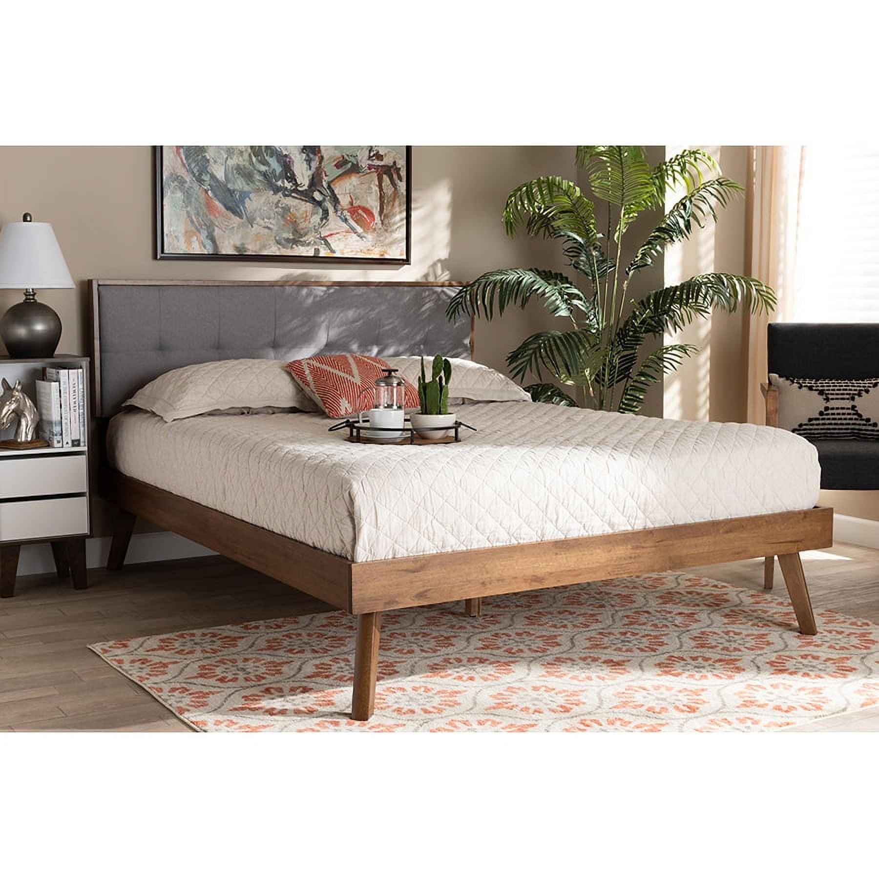 Elegant King-Sized Walnut Wood Frame Bed with Light Grey Upholstered Tufted Headboard