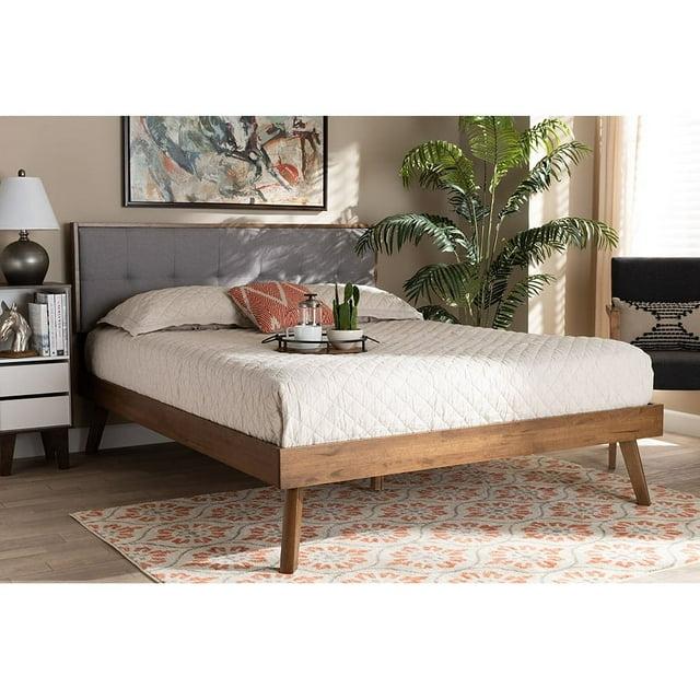 Baxton Studio King Alke Fabric Upholstered Platform Bed Light Gray/Walnut: Wooden Slats
