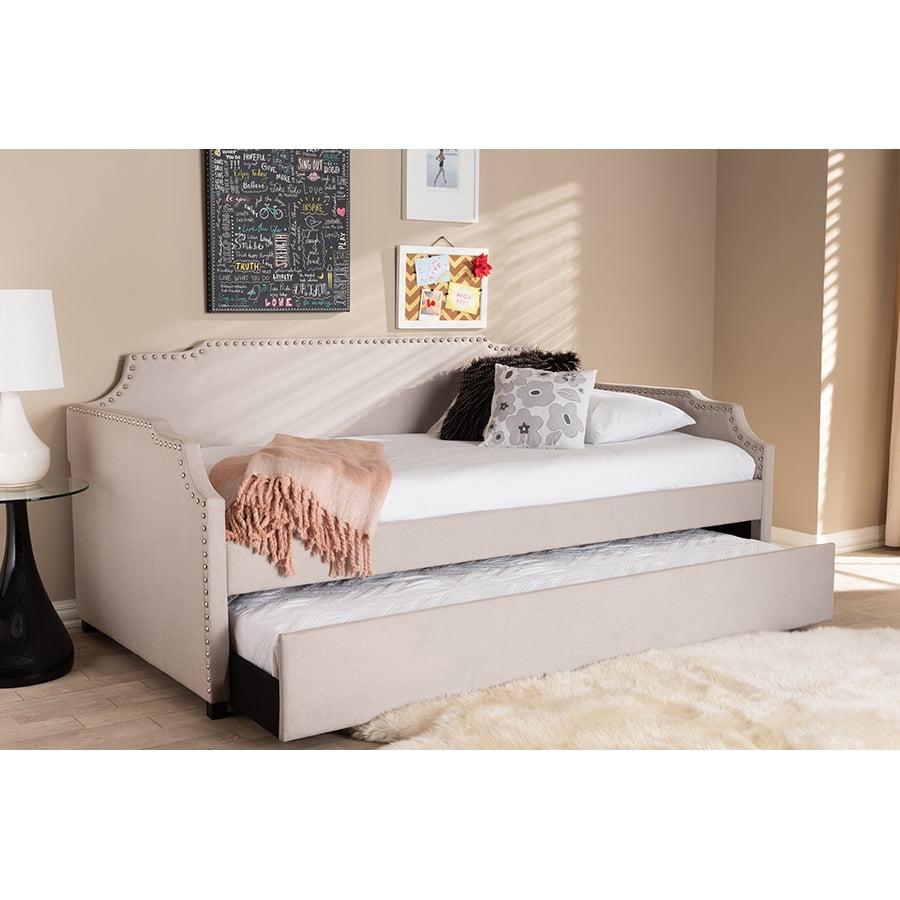 Beige Twin Upholstered Daybed with Nailhead Trim and Trundle