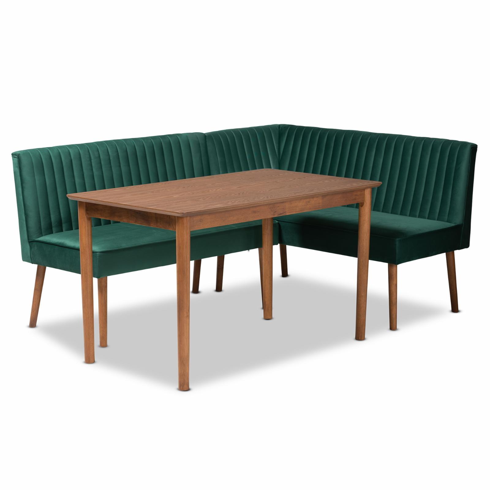 Emerald Velvet and Walnut Wood 3-Piece Dining Nook Set