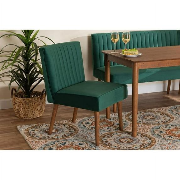 Alvis Velvet Upholstered and Wood Dining Chair Emerald Green/Walnut - Baxton Studio: Channel Tufted, Angled Legs