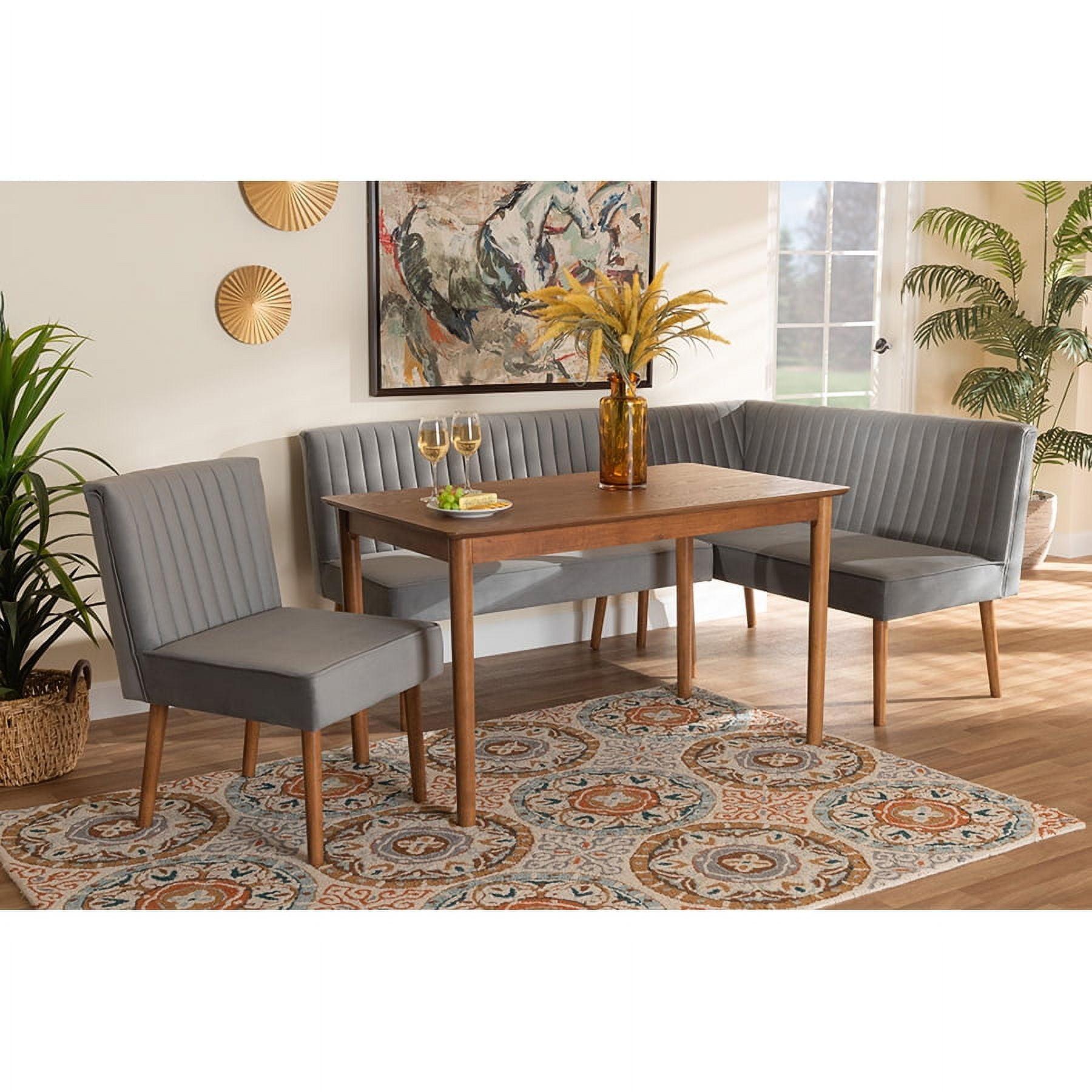 Baxton Studio Alvis Mid-Century Modern Grey Velvet Upholstered and Walnut Brown Finished Wood 4-Piece Dining Nook Set