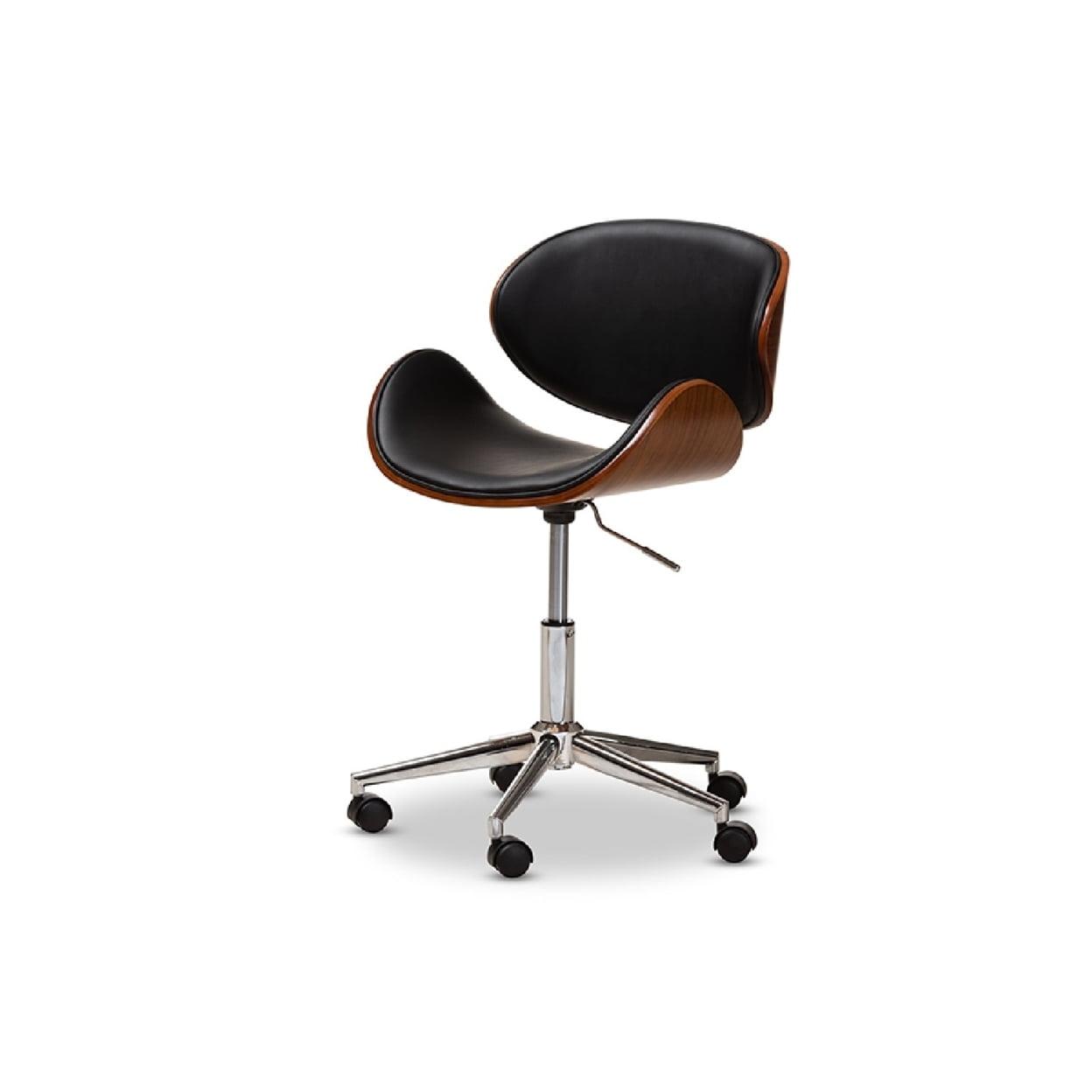 Black Faux Leather Walnut Office Chair with Chrome Base