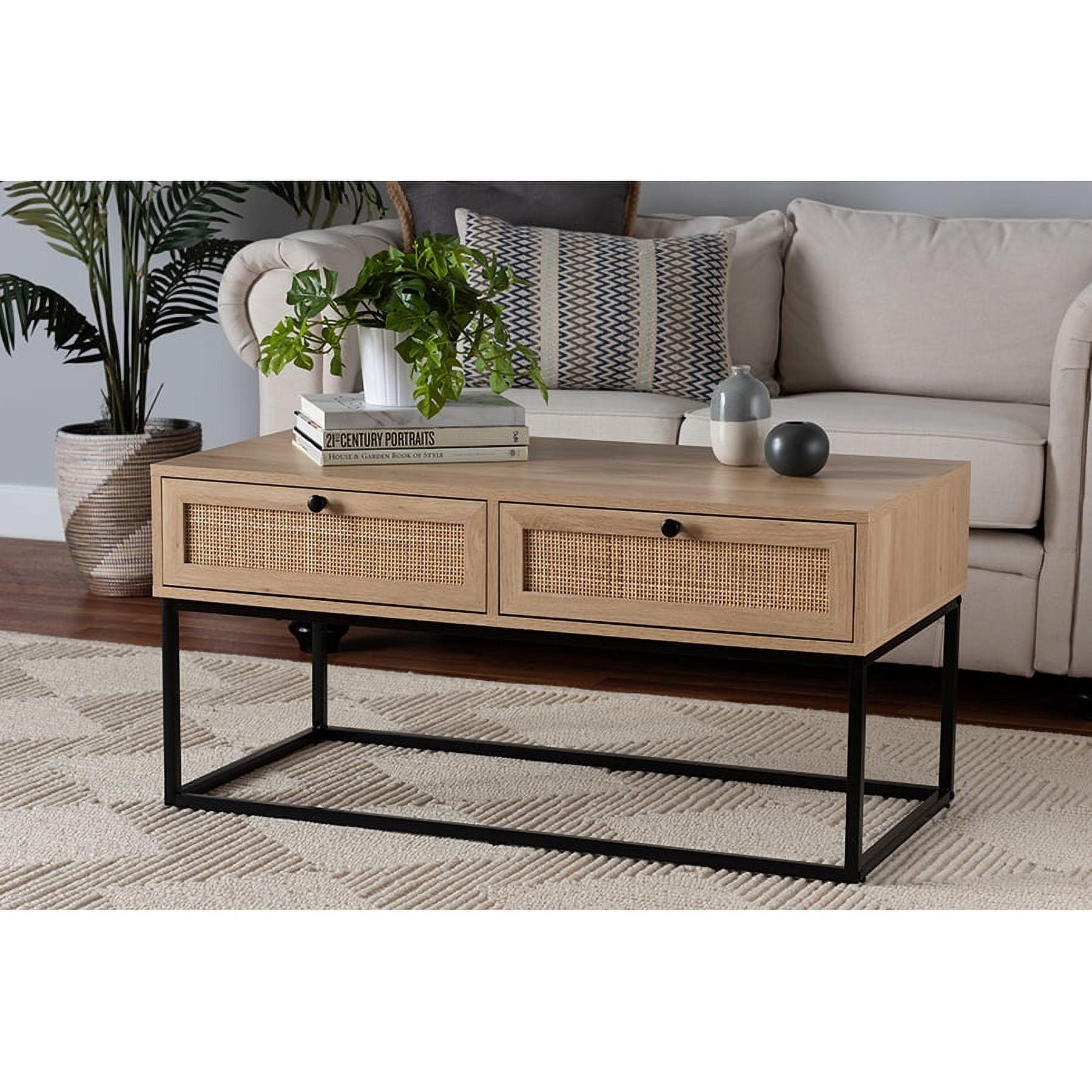 Amelia Wood Rattan 2 Drawer Coffee Table Natural Brown/Black - Baxton Studio