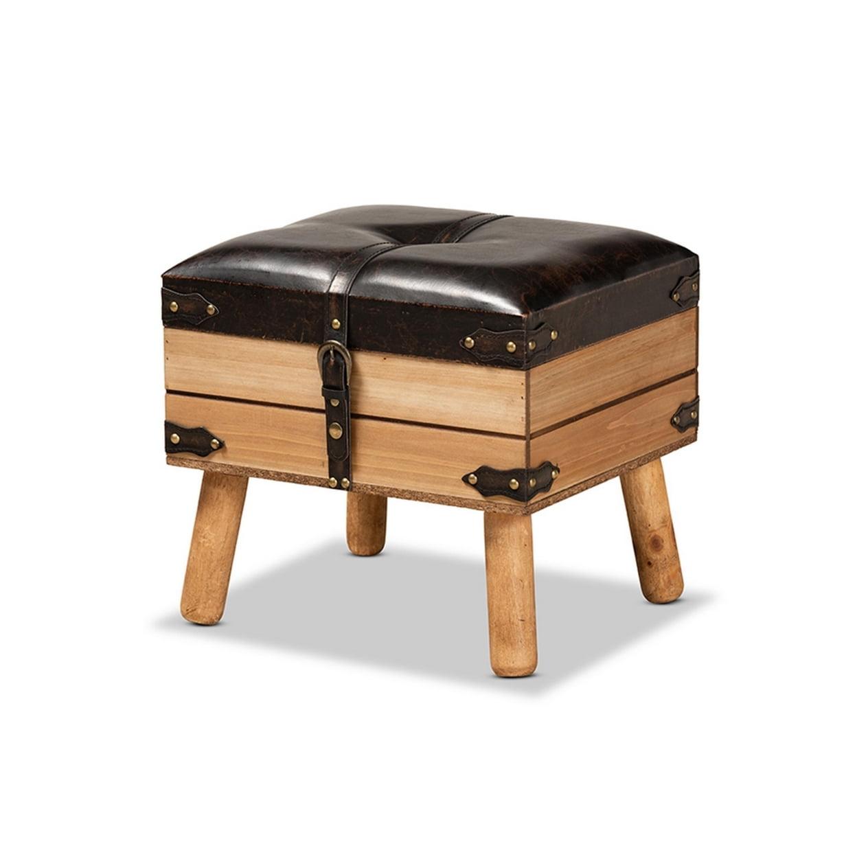 Rustic Oak and Dark Brown PU Leather Small Storage Ottoman