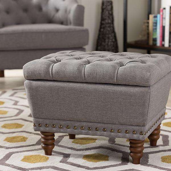 Annabelle Modern and Contemporary Wood Finish with Fabric Upholstered Button - Tufted Storage Ottoman - Baxton Studio