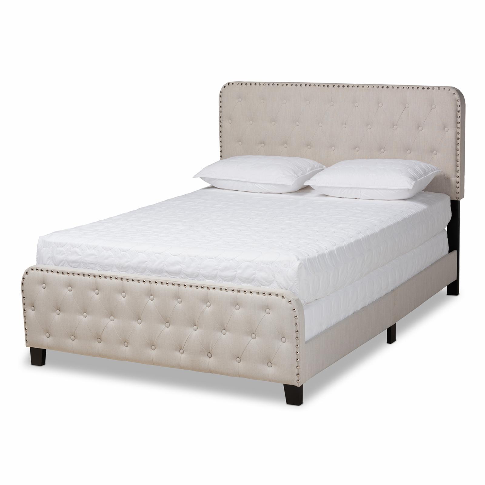 Beige Queen Upholstered Tufted Bed with Nailhead Trim