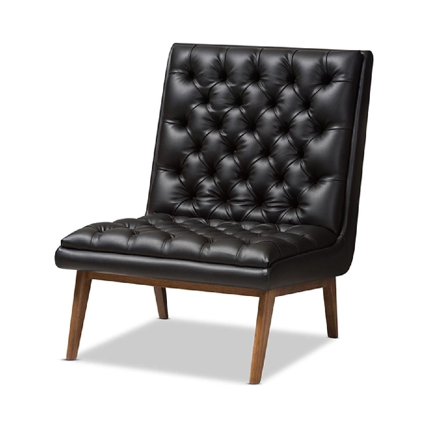 Annetha Mid-Century Modern 34" Black Faux Leather & Walnut Lounge Chair