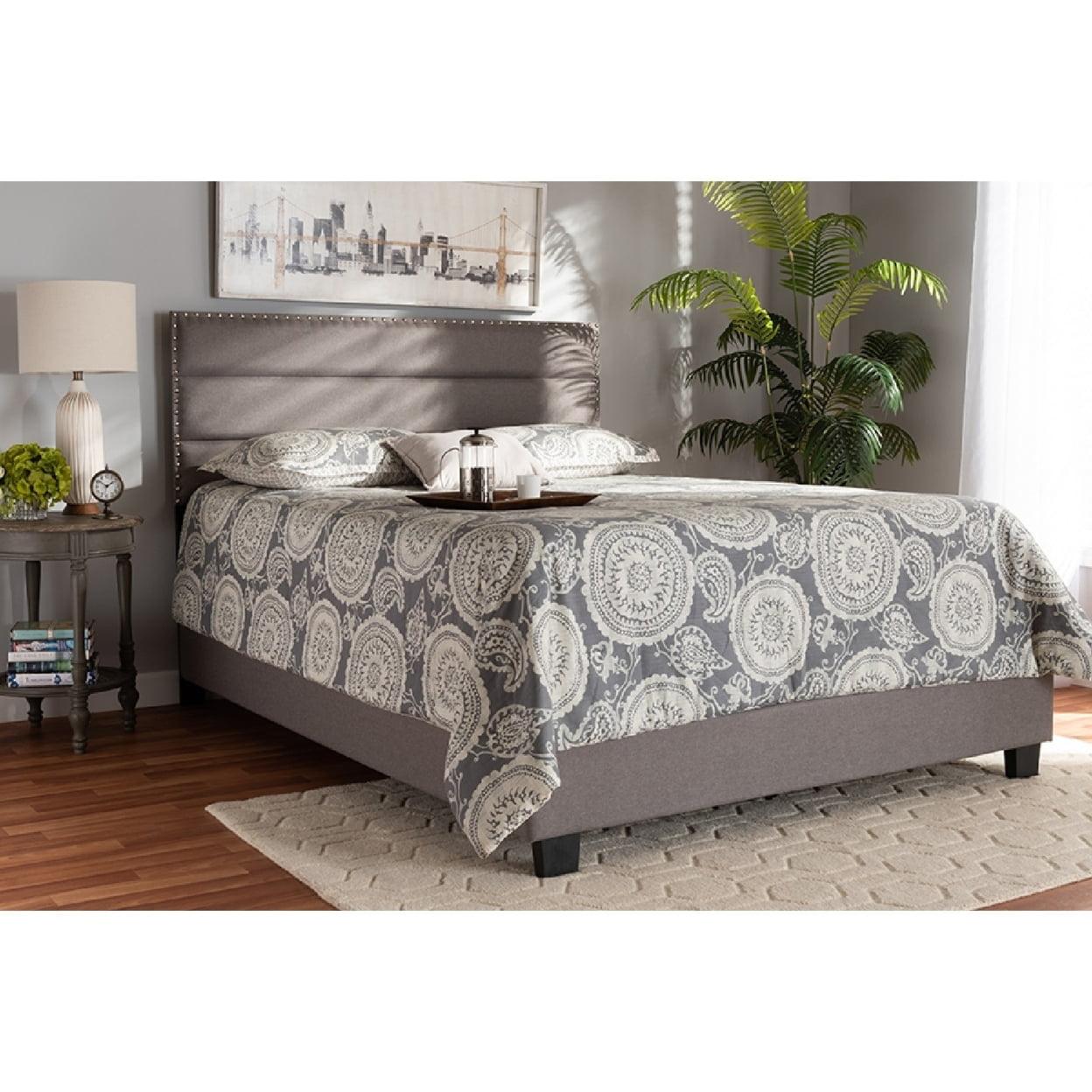 Gray Upholstered Full Bed with Nailhead Trim