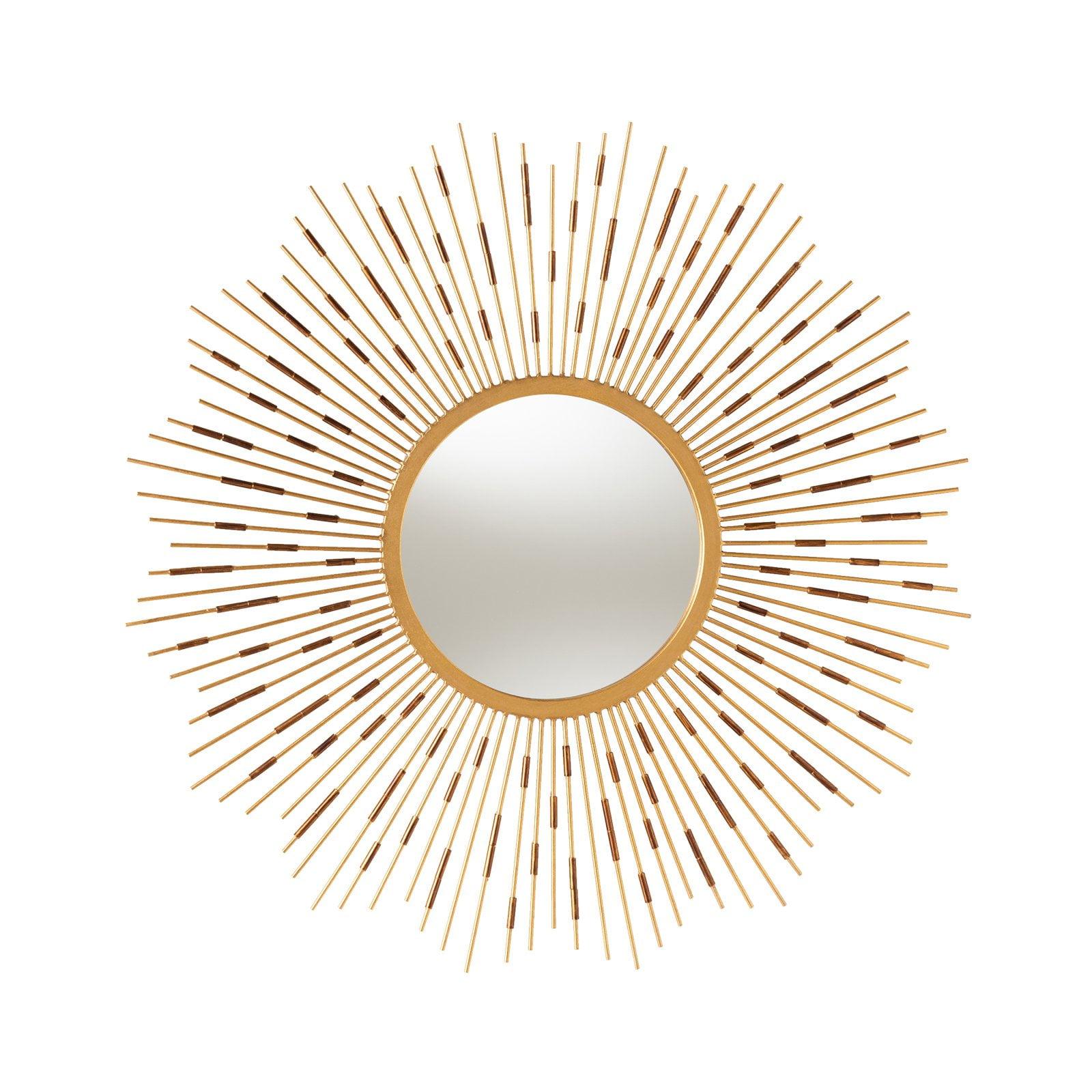Mid-Century Sunburst Round Wall Mirror in Gold and Leather Accents