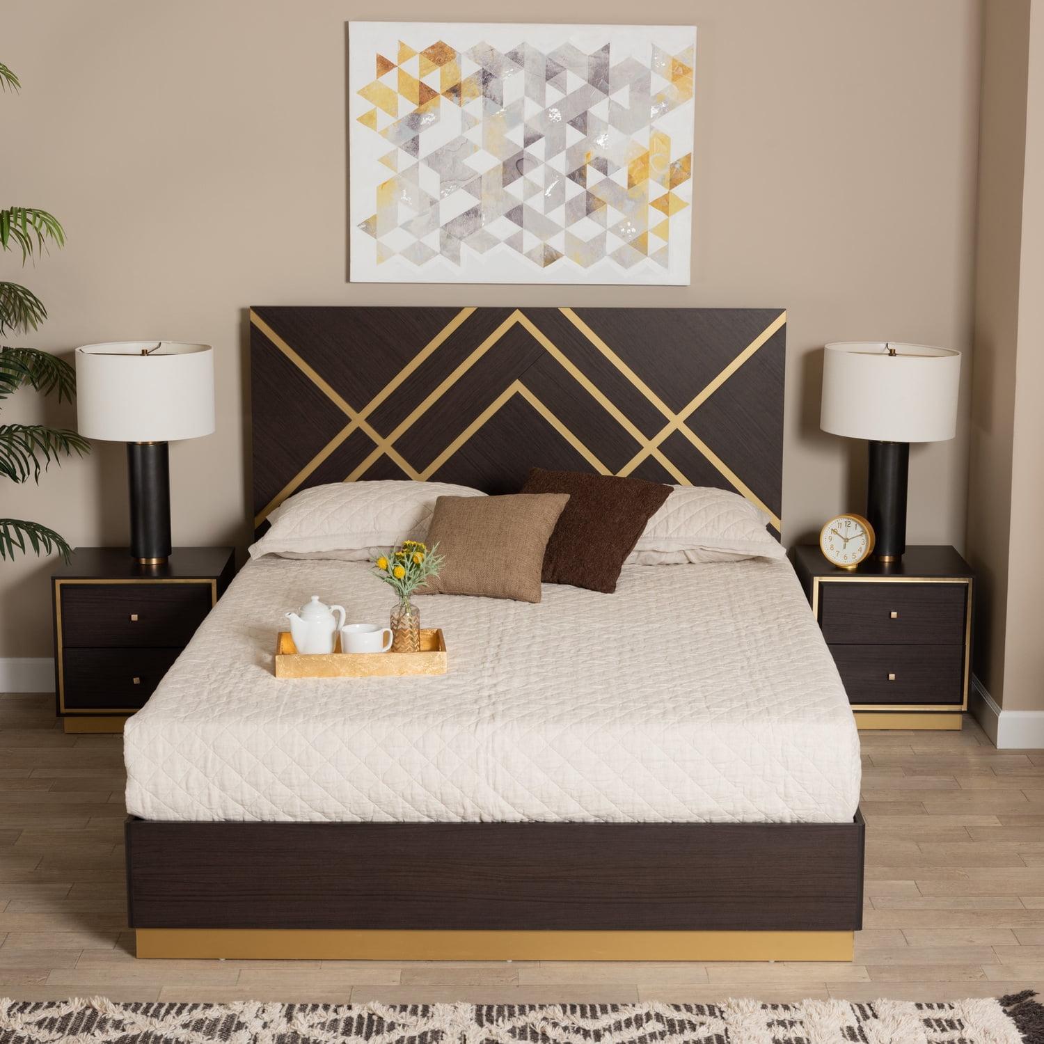 Baxton Studio Arcelia Dark Brown and Gold Wood Queen Size 3-Piece Bedroom Set