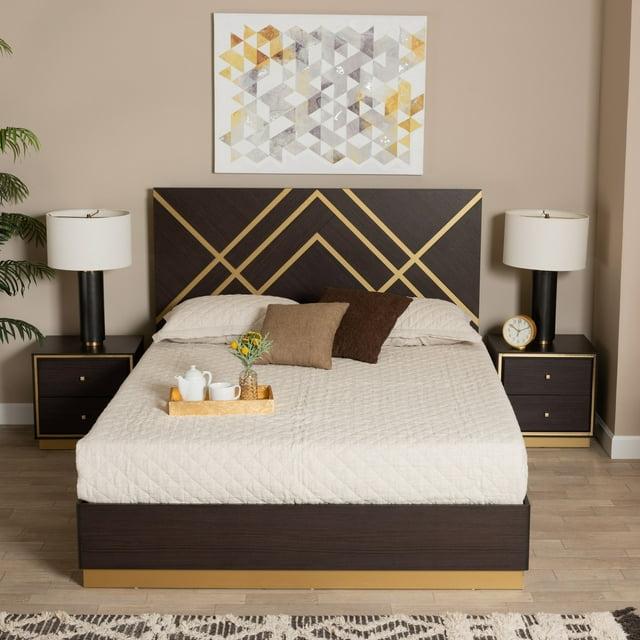 Baxton Studio Arcelia Dark Brown and Gold Wood Queen Size 3-Piece Bedroom Set
