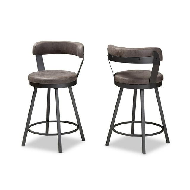 Set of 2 Arcene Faux Leather Upholstered Pub Counter Height Barstools Gray/Black - Baxton Studio: Polyester, Metal Frame, Curved Back