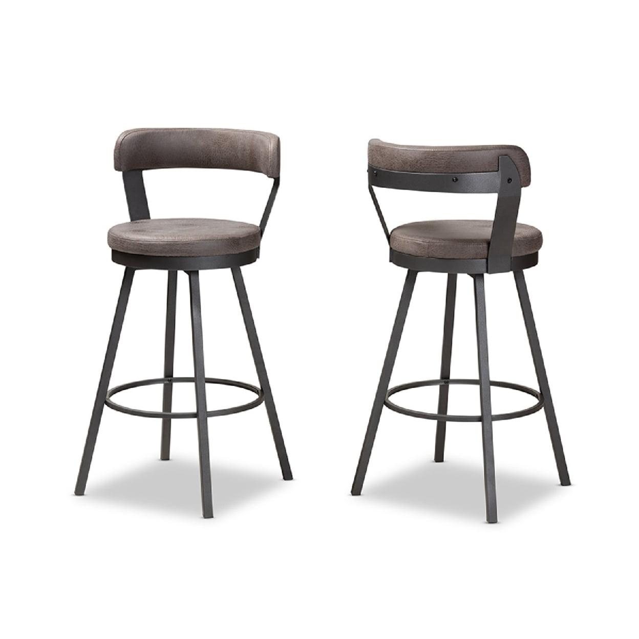 Baxton Studio Set of 2 Arcene Antique Faux Leather Swivel Barstools Gray/Black: Upholstered, Curved Back, Metal Frame