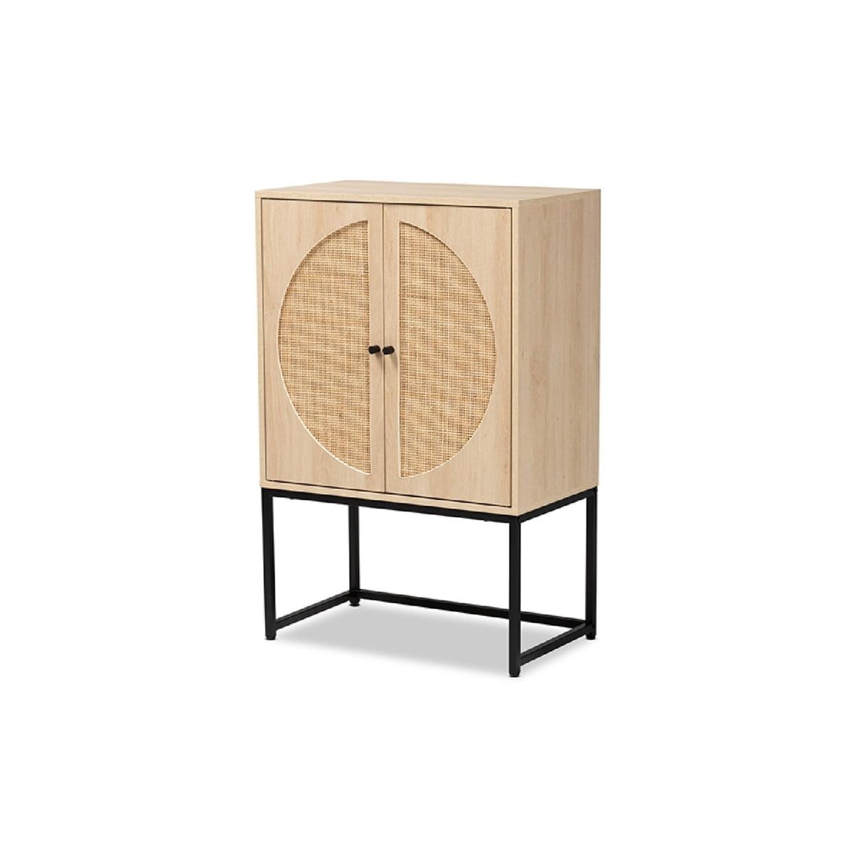 Ardon Bohemian Wood and Metal 2 Door Storage Cabinet with Rattan Light Brown/Black - Baxton Studio: Fixed Shelves, Boho Style