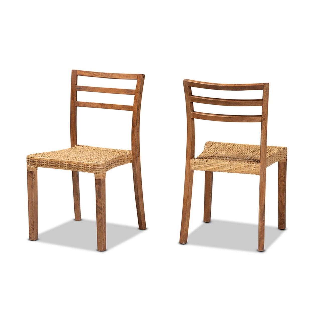 Arthur Mid-Century Modern Walnut and Natural Rattan Dining Chair Set